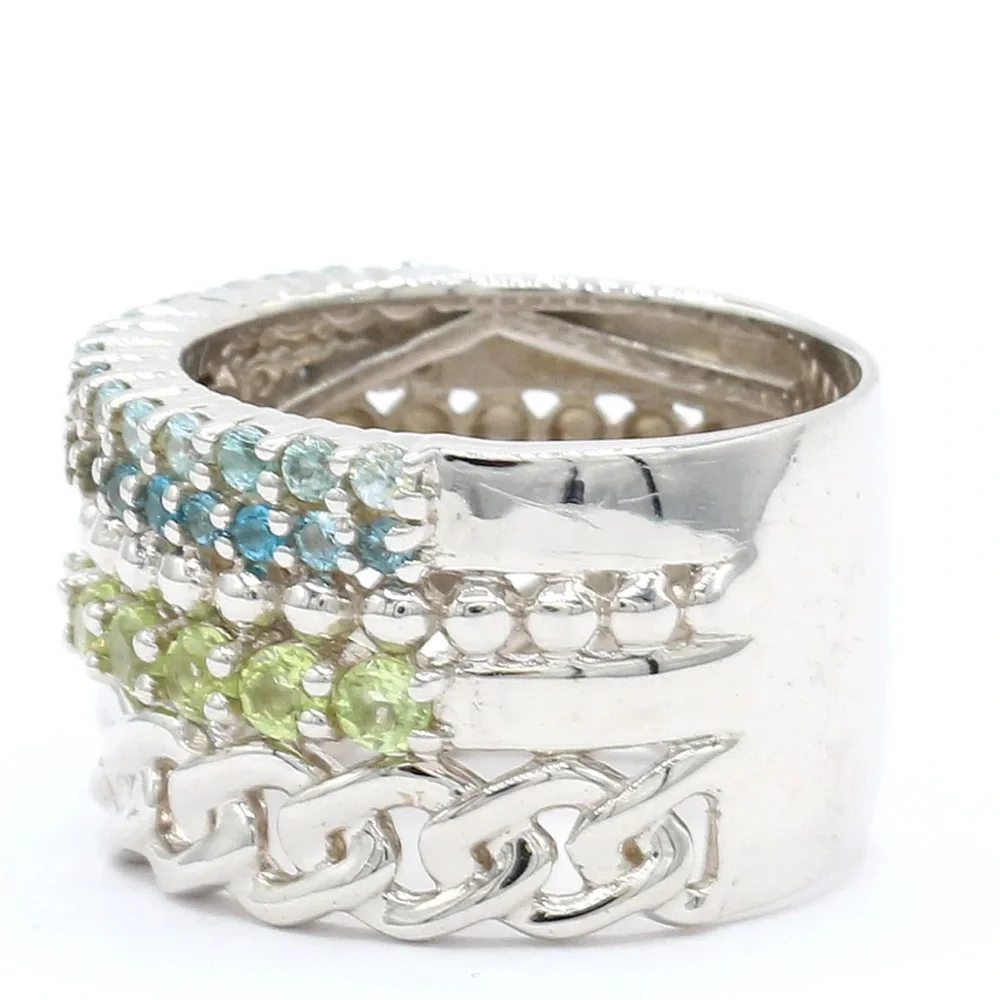 Gems En Vogue - Sterling Silver Gemstone & Curb Link Four-Row Wide Band Ring. 8. - Picture 2 of 6